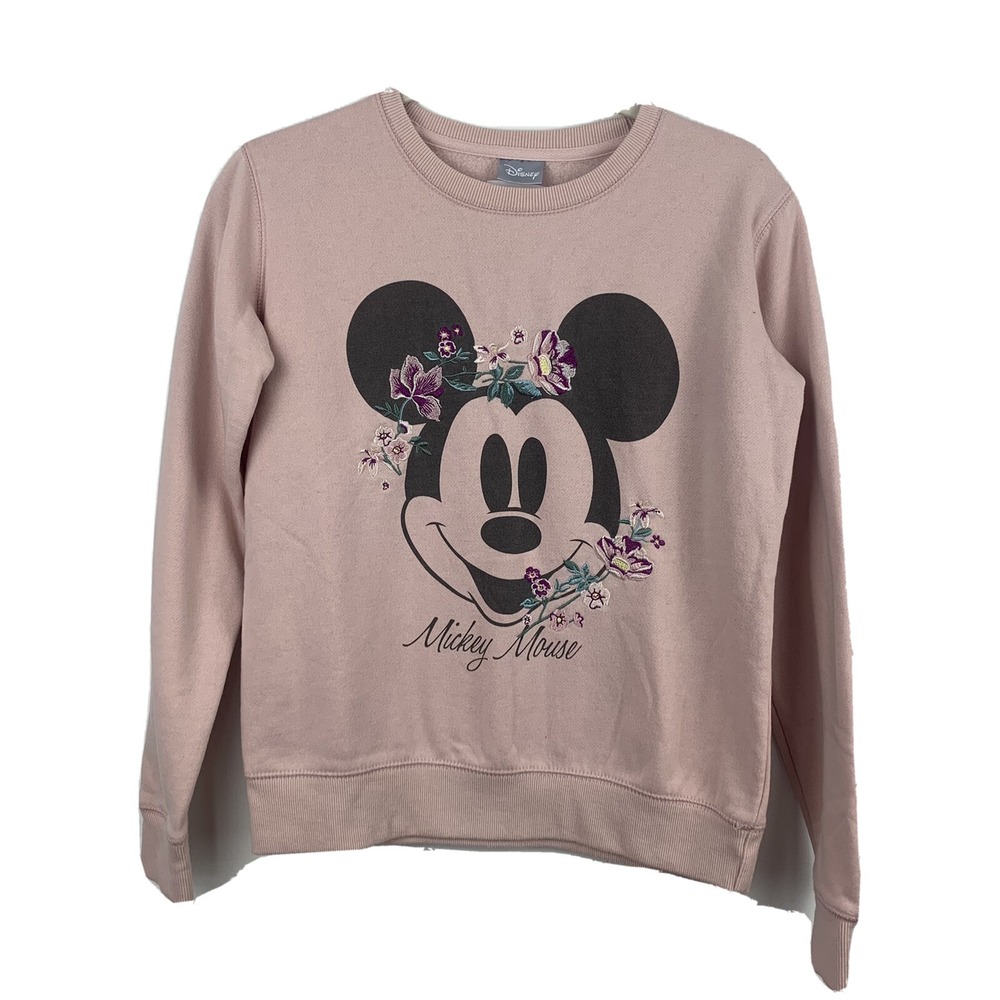Disney Mickey Mouse Crew Neck Sweatshirt XS Embroidered Flowers Cotton ON